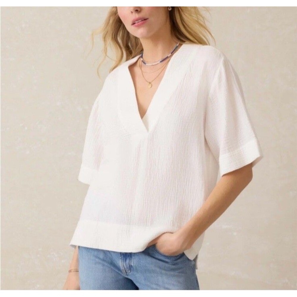 Faherty Dune 100% Organic Cotton Gauze Popover V Neck Top Small Boho Beachy